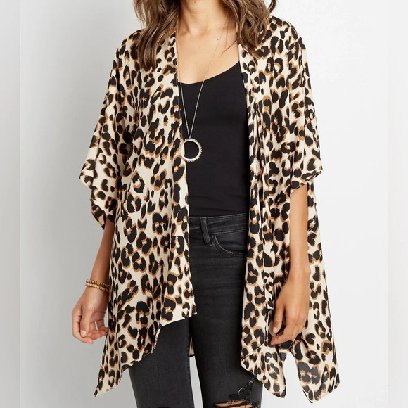 Maurices Brown & Black Leopard Print Open Front Kimono One Size Women’s - Picture 9 of 9